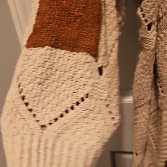 Vintage 80s Crochet Cardigan Long Cream Brown Knit Bohemian Large Retro Patches - Picture 5 of 12